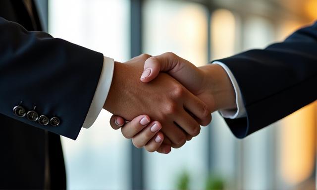 Two professionals shaking hands symbolizing resolution and agreement